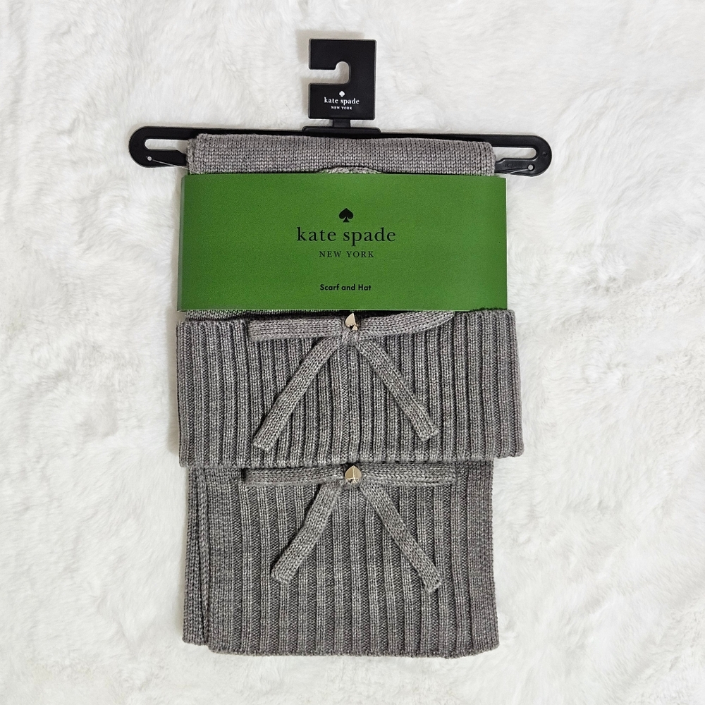 Kate Spade Beanie Hat & Scarf Set Heather Grey Bow Knit Barbiecore Cottagecore